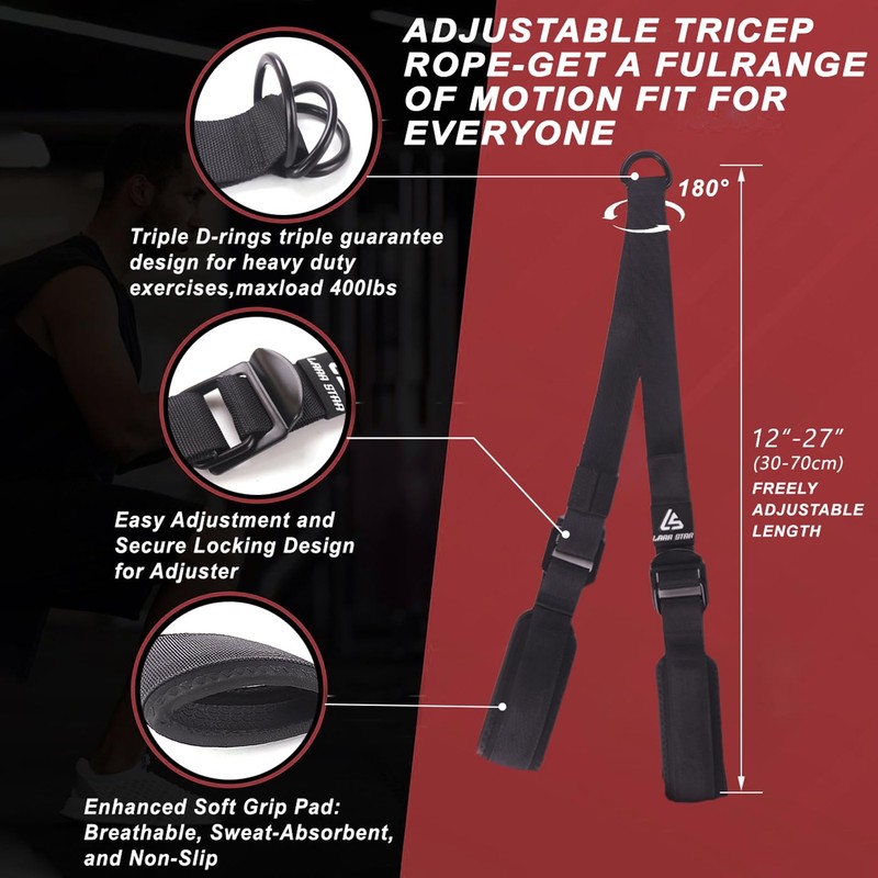 LARA STAR Adjustable Heavy Duty Tricep Rope Cable Attachment for