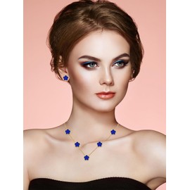 Qinpan Four Leaf Clover Necklace and Stud Earrings Set for Women Lucky Flower 14K Gold Jewelry, 13*13mm, Yellow Gold, Chalcedony