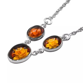 Navada 925 Solid Sterling Silver Baltic Amber Carved Cameo Flowers Nice Necklace 17 in