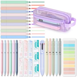 Aesthetic School Supplies, Clear Pencil Case with 12 Colors Highlighter, 5 Quick Dry Retractable Black Ink Pen, 6 Mechanical Pencil 0.5 & 0.7mm, 6-in-1 Multi Color Pen, Stationary Set for Student Girl