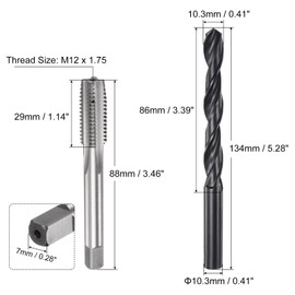 sourcing map Metric Tap and Drill Bit Set, M12 x 1.75 Thread Tap & 10.3mm Black Oxide Twist Drill Bit, Straight Flute Tap Tapping Threading Repair Tool Kit
