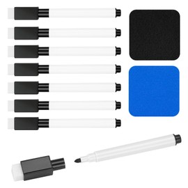 JEFURE 8 Pcs Black Magnetic Dry Erase Markers with Eraser, White Board Mini Dry Erase Markers with Eraser Cap, Fine Point Tip White Board Markers for Teachers Office School Supplies