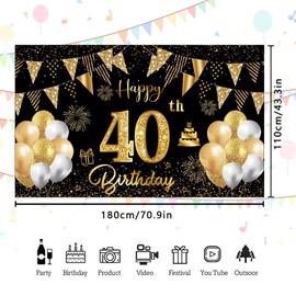 40th Birthday Backdrop Banner Black and Gold Photography Background for Men and Women Large Party Decorations Gift 180x110 cm (40th-black gold)