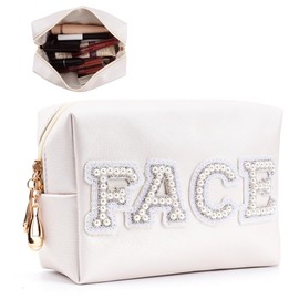 Cosmetic Bag Travel Makeup Bag Pearl Rhinestone Monogrammed Cosmetic Bag for Cosmetics, Skin Care, Toiletries, Birthday Gift for Women, Daughters, Brides, Friends, Face