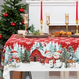 Rectangle Christmas Tablecloth 60x120 Inch, Farmhouse Red Snowman Snowflake Christmas Table Cloth, Polyester Waterproof Wrinkle Resistant Xmas Tables Cover for Holidays Kitchen Dinning Home Decor