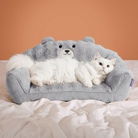 LE SURE Cute Cat Couch for Pets - Fluffy Original Bear Design Cat Beds for Indoor Cats, Fuzzy Cats Sofa with Removable Washable Cover, Supportive Pet Chair, 24inch, Pastel Grey