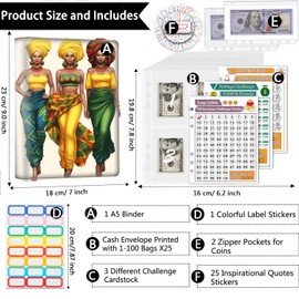 Money Saving Binder, 100 Envelopes Money Saving Challenge, Cash Envelopes Budget Binder & 3 Budgeting Planner Trackers, PU Leathers A5 Money Saving Planner Book，African American Women Girl