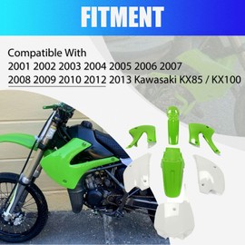 KUAFU Plastic Kit Fairing Bodywork Compatible With 2001-2013 Kawasaki KX85, 2001-2013 Kawasaki KX100 (Green+White)