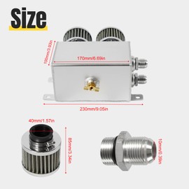 POSENG Universal Aluminum AN10 1.2L Twin Baffle Dual Filter Engine Oil Catch Can Tank With 2 Air Filters Oil Catch Reservoir Tank Can Breather Kit Silver
