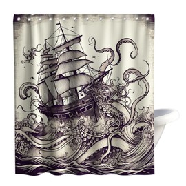 Final Friday Nautical Octopus Ocean Sailboat Theme Fabric Nautical Shower Curtain Sets Bathroom Decor with Hooks Waterproof Washable 72W x 72H inches Retro Colors and Purple