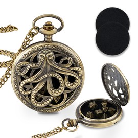 SUPERFINDINGS 1 Piece Mini DND Dice Set Antique Bronze Octopus Mechanical Pocket Locket Pendant Necklace with 7 Pieces Dice Role Board Game Accessories for Christmas and Birthday Gifts