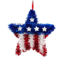 11inch Patriotic Tinsel Wreath 4th of July Red White Blue Garland Artificial American Flag Star & Stripe Wreaths Glittering Metallic Star Top Hat Heart Shape Hanging Ornaments for Independence Day (A)
