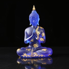 LAAMMIAM Crystal Resin Buddha Statue Indoor Meditation Decor,Thai Sitting Buddha Figurine Spiritual Gifts for Tabletop Zen,Blue,L