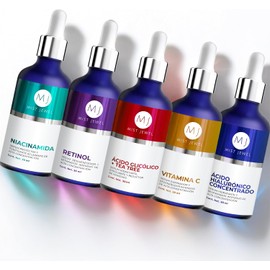 MIST JEWEL Kit sueros faciales Acido Hialurónico, Retinol, Vitamina C + E, Glicólico y Niacinamida Conjunto de serums Avanzado 5 serum (KIT Facial avanzado)