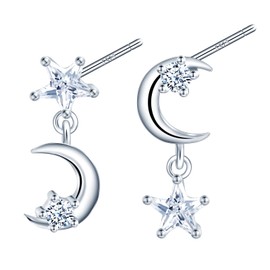 MICSAVI Earrings Moon Star Stud Earrings Women's Jewellery Hypoallergenic Sterling Silver 925 Asymmetrical Earrings for Women and Girls, Sterling Silver, Cubic Zirconia