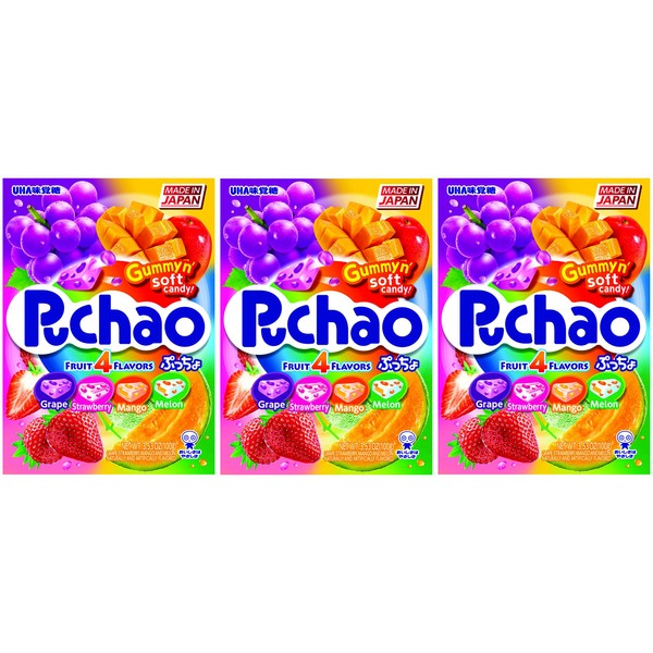 Puchao Gummy n' Soft Candy, 4 Fruits Flavors, 3.53 Ounces, Pack of 3