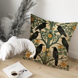 Crow Bird Botanical Pillow Cover 18x18, Vintage Black Bird Throw Pillow, Floral Tree Decorative Cushion Cover for Couch Sofa Bedroom Home Decor