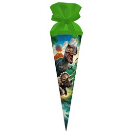 goldbuch 93 157 Gift Bag 35 cm Volcano, Green Sibling Bag, School Cone with Dinosaur Motif, Gift Wrapping, Gift Wrapping, Candy Bag Made of Lacquer Cardboard with Felt Closure