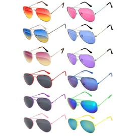 OWL 12 Pack Aviator Sunglasses, Metal Gold, Silver, Black Frame, Colored Mirror Lens, UV400 Protection, Unisex Adults, Classic Aviator Style