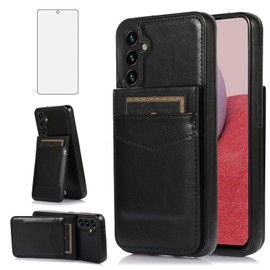 Phone Case for Samsung Galaxy A36 5G with Tempered Glass Screen Protector and Credit Card Holder Wallet Cover Stand Leather Cell Accessories A 36 36A LTE SM-A366U Women Men Black