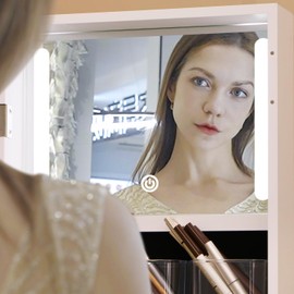 MASMIRE Jewelry Cabinet With Full Length Mirror, Rotatable Jewelry Armoire Organizer With Lock, Floor Standing LED Vanity Mirror With Storage