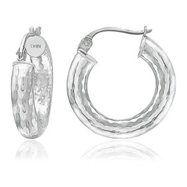 Sterling Silver 4mm Diamond-Cut Round Hoop Earrings, 15mm-50mm (25mm - 1" - Silver)