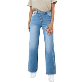 Sidefeel Women's Wide Leg Jeans Diagonal High Waisted Baggy Stretchy Raw Hem Bell Bottom Denim Pants Size 18 Sky Blue