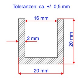 Aluminium U-profile, aluminium U-rail, aluminium profile, U-bar, blank AlMg (20 x 20 x 20 x 2 mm, length: 1,000 mm)
