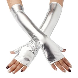 OTPEH Women Long Silver Gloves Metallic Fingerless Cosplay Costume Accessories