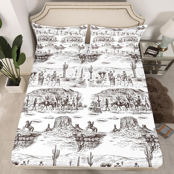 Southwest Cowboy Fitted Sheet Queen Size Western Desert Bedding Set