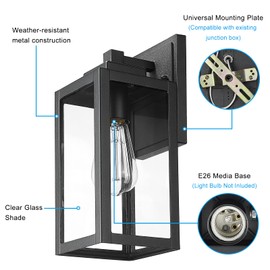 Darkaway Outdoor Lights Fixtures Wall Mount, Exterior Waterproof Wall Lanterns, Porch Sconces Wall Mounted Lighting with Glass Shade，Modern Wall Lamps for House, Front Porch, Patio (2 Pack, Black)