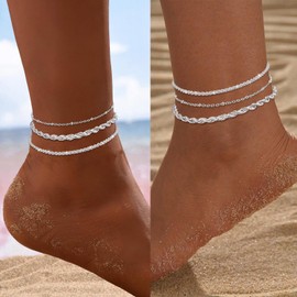 LAXPICOL 3PCS Silver Anklet Bracelet For Women/Girls, Adjustable Layered Women's Anklet Set,Waterproof Summer Beach Anklet Set Beaded Rope Link Jewelry Gifts For Women