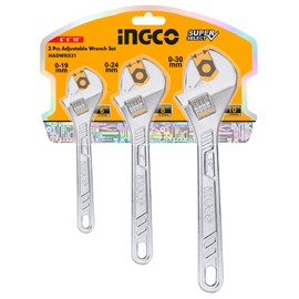 INGCO HADWK031 Monkey Wrench 3 Pcs Set, 5.9 inches (150 mm), 7.9 inches (200 mm), 9.8 inches (250 mm), Maximum Opening 1.2 inches (30 mm), Graduated Included, Water Faucet Repair Etc