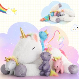MorisMos Unicorn Cuddly Toy XXL with 4 Babies in the Stomach, Large Unicorn Plush Toy Stuffed Toy, Giant Unicorn Toy Girls Children (5 Pieces)