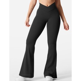 YEOREO Kalie Flare Scrunch Leggings for Women V Cross Waist Bell Bottom Yoga Pants Tummy Control Bootcut Workout Leggings Black M