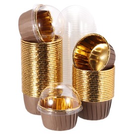 sourcing map 50 Pcs Single-Sided Aluminum Foil Cupcake Liners with Lids, Greaseproof Muffins Baking Cupcakes for Wedding Birthday Party Decoration, Brown (Round)