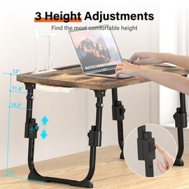 DECOSIS Laptop Desk for Bed Height Adjustable, Lap Bed Table with USB/Storage Drawer/Cup Holder/Tablet Stand/Book Shelf, Foldable Breakfast Tray Portable for Reading Writing, Sofa & Floor, Carbonized