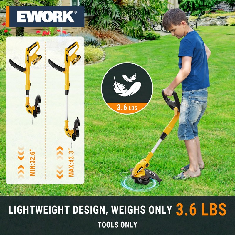 EWORK 20V 12-Inch Electric String Trimmer Cordless, 2.0Ah Battery Powered