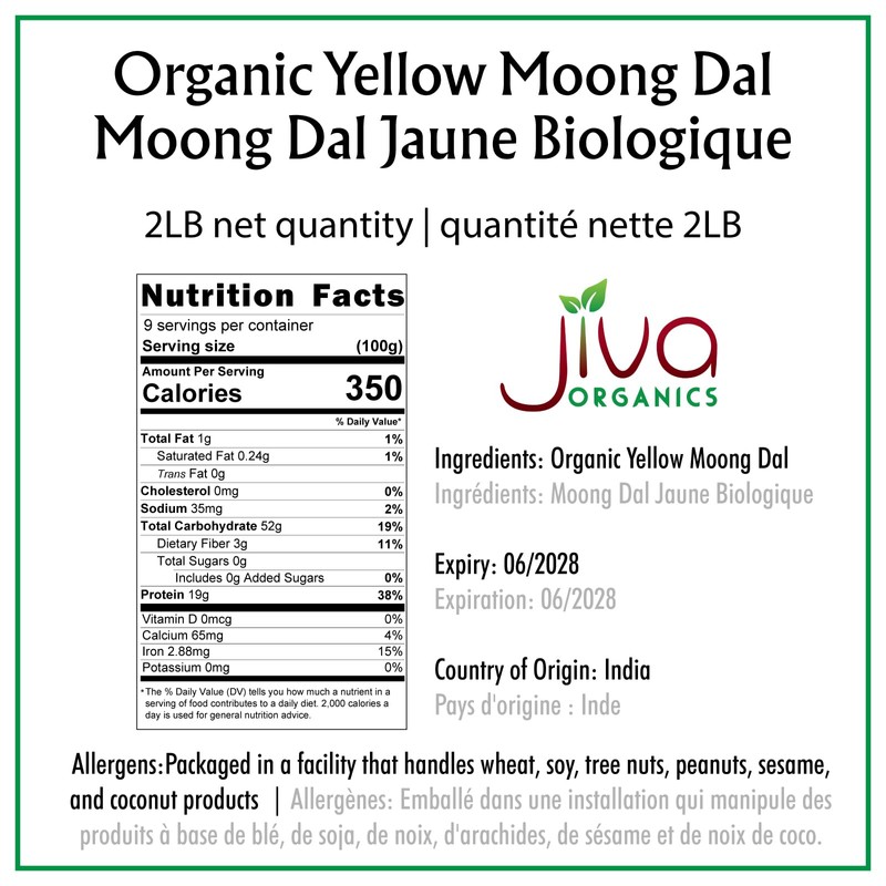 Jiva Organic Yellow Moong Dal 2 LB - Non-GMO, Gluten
