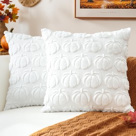 JOTOM Fall Cushion Covers 45x45cm Set of 2 Pumpkin Autumn Thanksgiving Decorative Throw Pillow Covers Soft Plush Faux Fur Pillow Case for Home Bedroom Couch Sofa Decor (White)