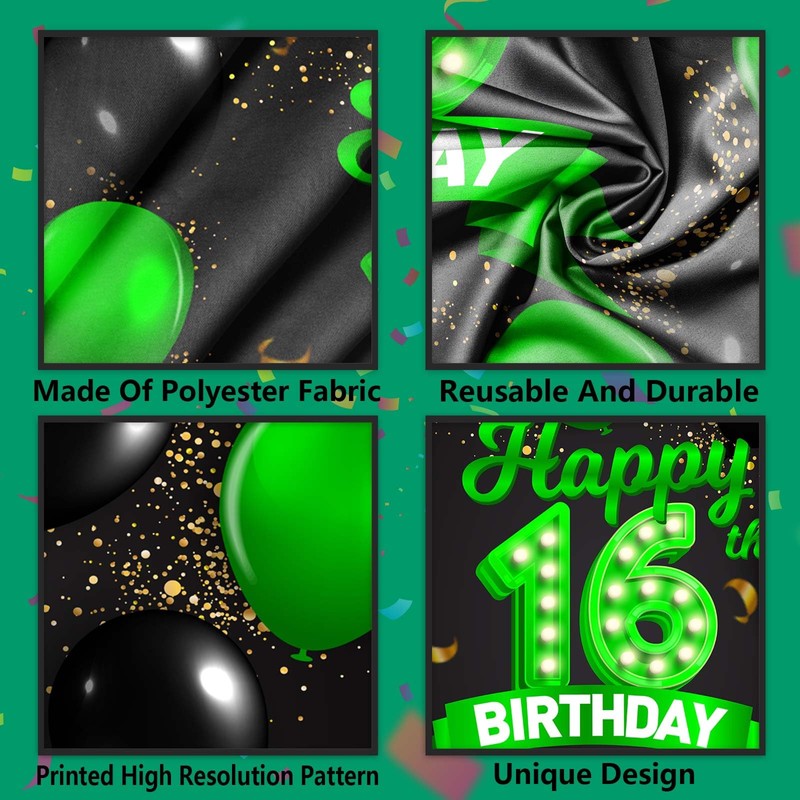 Happy 16th Birthday Green and Black Banner Backdrop Cheers to