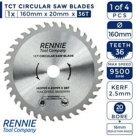 4 x Rennie Tools 160mm x 20mm Bore (16mm ring) Circular Wood Saw Blades For Festool TS55 Makita Bosch Ryobi Dewalt Circular Saws etc. 160 x 36T, 48T 60T & 80t. TCT Carbide Tipped