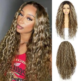 SAPPHIREWIGS Peluca Larga Y Rizada, Sintética, Con Malla Frontal, Marrón Con Rubio, Peluca Con Resaltado, Línea De Cabello Prearrancado, Sin Pegamento