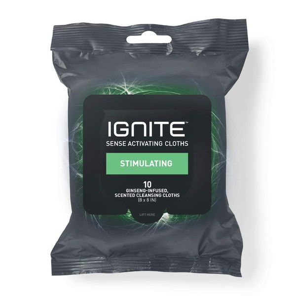 Ignite Mens Body Wet Wipes, Extra Thick 8" x 8" Shower Wipes, Stimulating Scent, 10 Count