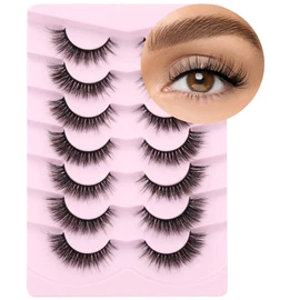 Lashes Natural Look Faux Mink Lashes Fluffy Wispy Eyelashes Short Natural False Lashes Cat Eye 6D Volume Strip Lashes Pack 7 Pairs
