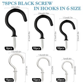 Tahbarshi Pack of 78 Screw Hooks Black Gold 6 Sizes Ceiling Hooks Set Hooks for Screwing White Silver Vinyl Coated Cup Hook Set Hook Screws (Black)