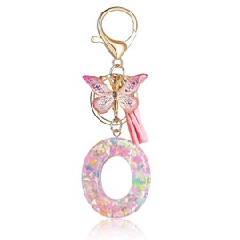 Fmeida Cute Initial Letter Keychains Pink Keychain for Women Girls Fashion Car Key Chain with Tassel& Butterfly O