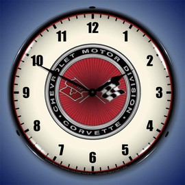 Corvette Motor Division, 68-82 LED Wall Clock, Retro/Vintage, Lighted, 14 inch