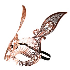 GIFTSHOP101 Bunny Rabbit Metal Laser Cut Silver Rhinestones Masquerade Mask - Rose Gold
