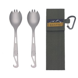 SANTTA Titanium Camping Spork Set of 2 Piece, Spoon Fork and Bottle Opener 3 in 1, Ultra light Multifunctional Ti Utensils with Storage Bag for Camping Backpacking Hiking Fishing Picnic and Travel